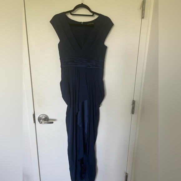 Catherine maladrino black tie dark blue gown with silk ruffle front w slit - Picture 5 of 5